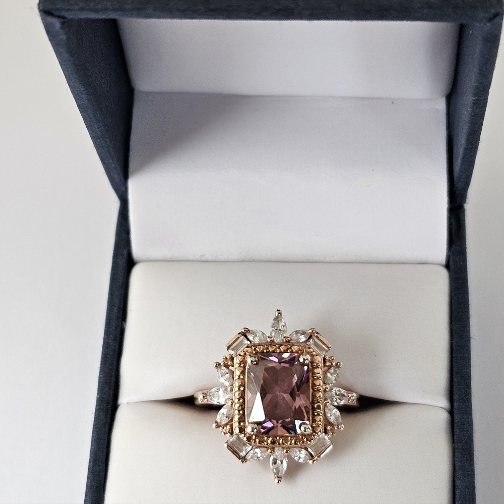 Art Deco Style Morganite & Diamond Simulants 18K Rose Gold Sterling Silver Sz 5 - Picture 8 of 8